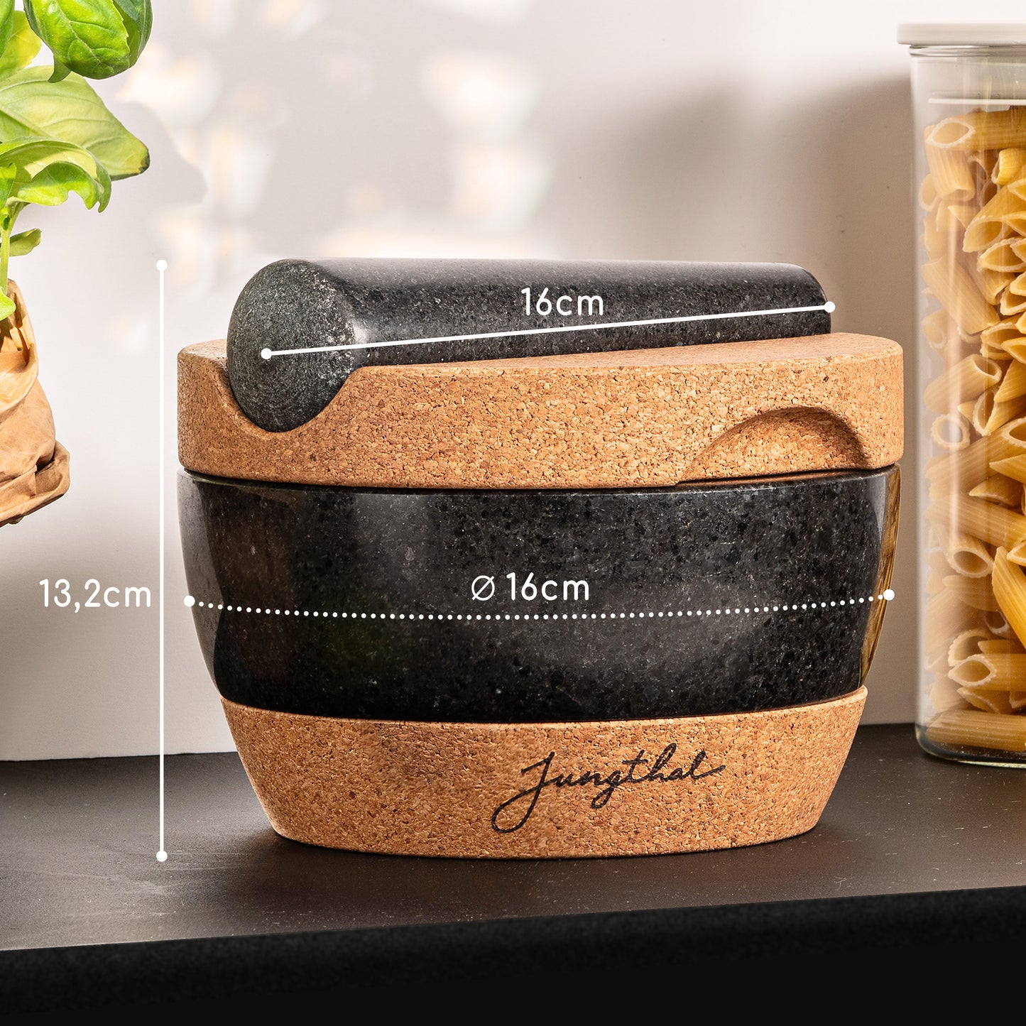 Mörser mit Stößel 16cm mit Korksockel und Korkdeckel