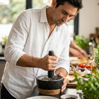 Mörser mit Stößel 16cm mit Korksockel und Korkdeckel
