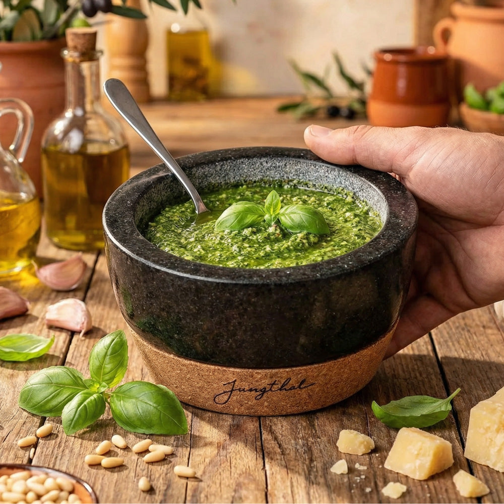 frische Kräuter zu Pesto zubereitet