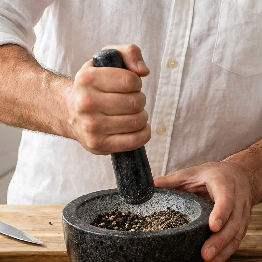 Mann in weißem Hemd zerstößt Pfefferkörner im Mörser